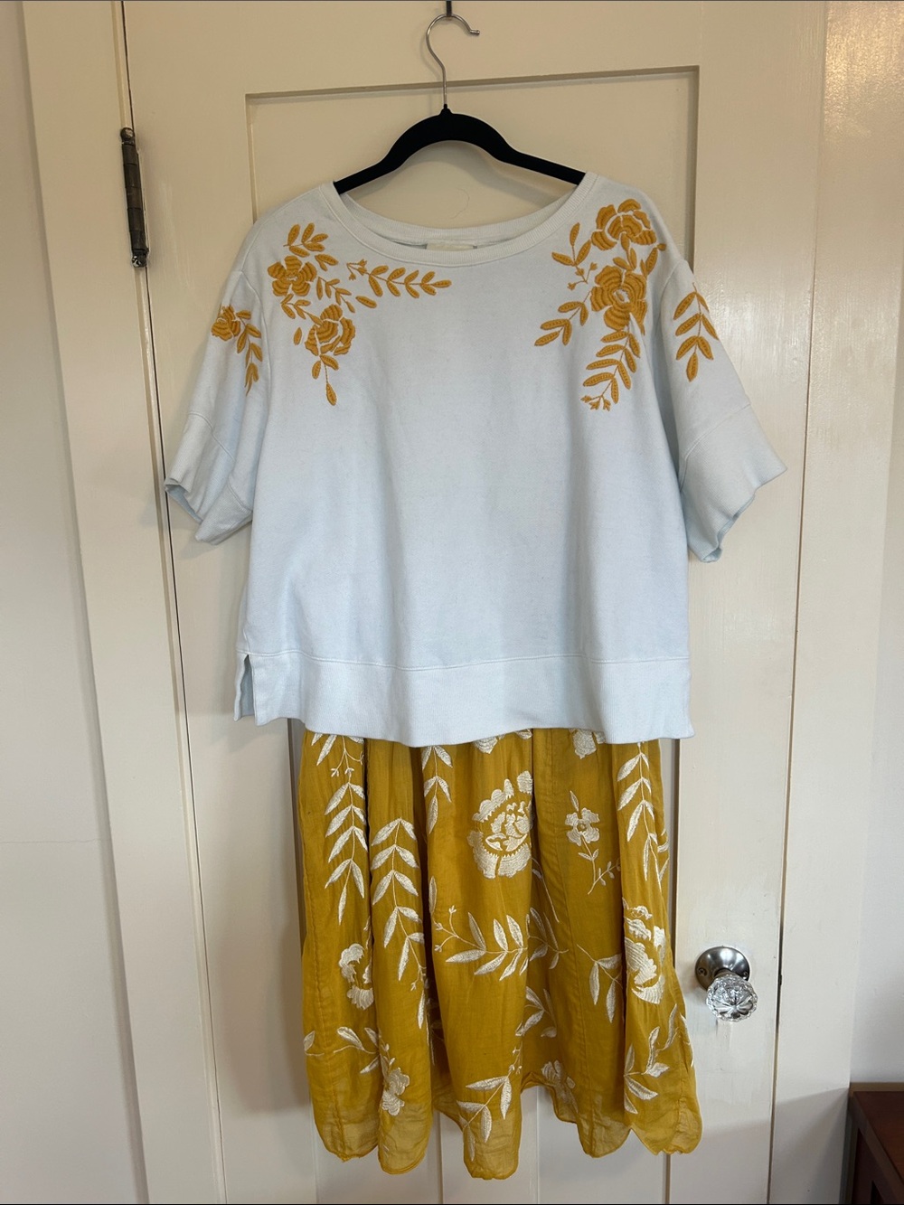 Maeve White & Mustard Floral Embroidered 2 piece Skirt Set